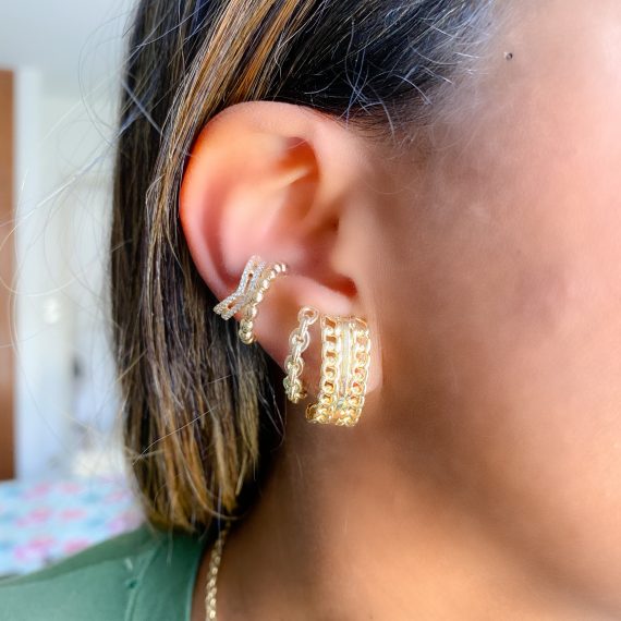 Brinco Ear Hook Elos Duplo Banhado em Ouro