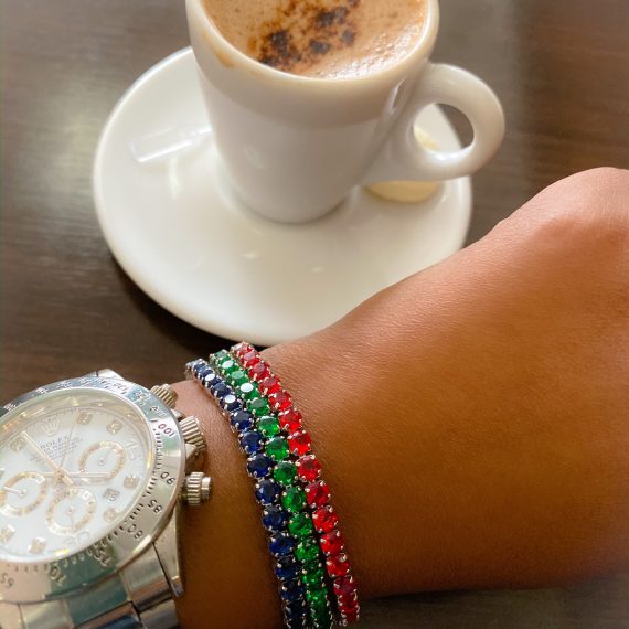 Pulseira Riviera Esmeralda Banhado em Ródio Branco
