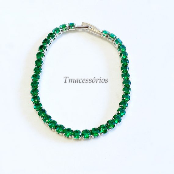 Pulseira Riviera Esmeralda Banhado em Ródio Branco