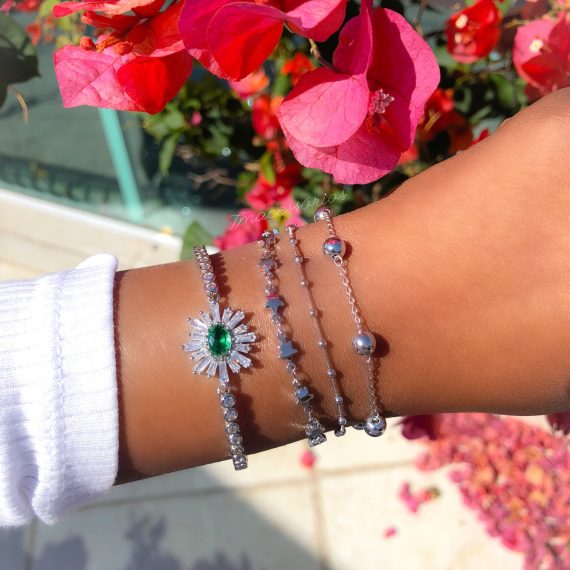 Pulseira Flower Esmeralda New em Ródio Branco