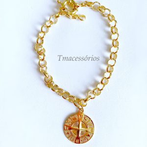 Pulseira Elos Pingente Medalha Bússola Banhado em Ouro