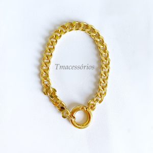 Pulseira Elos Diamantado Pingente Mosquetão Oval Banhado em Ouro