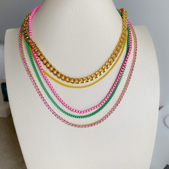 Colar Veneziana Rosa Neon Quadradinha Esmaltada Banhado em Ouro