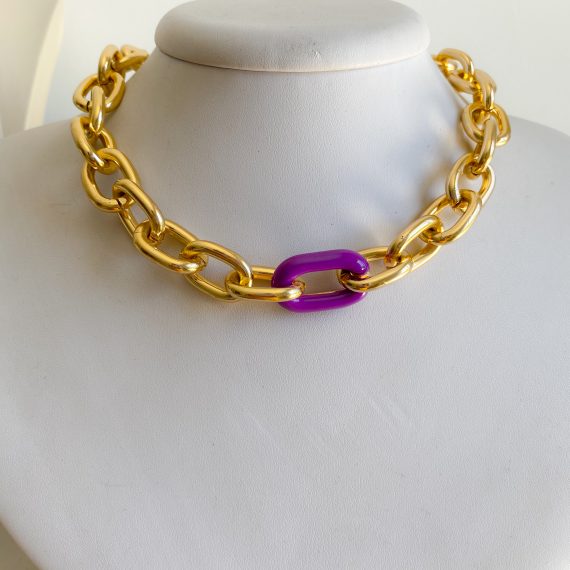 Colar Choker Elos Roxo Neon Banhado em Ouro