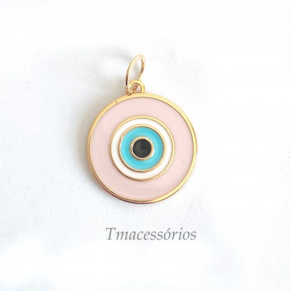 Pingente Olho Grego Rosa e detalhes Azul Banhado em Ouro