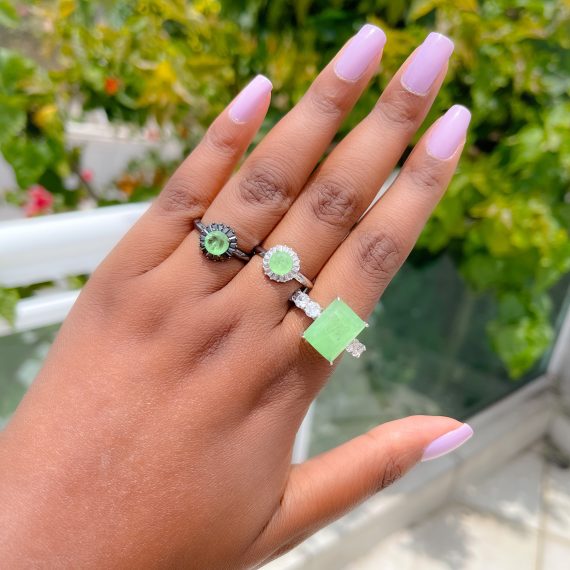 Anel Quadrado Princess Green Glow Fusion Banhado em Ródio Branco