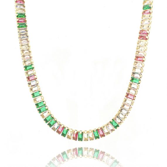Colar Choker Riviera Navetes Rainbow Quadradinhos Banhado em Ouro