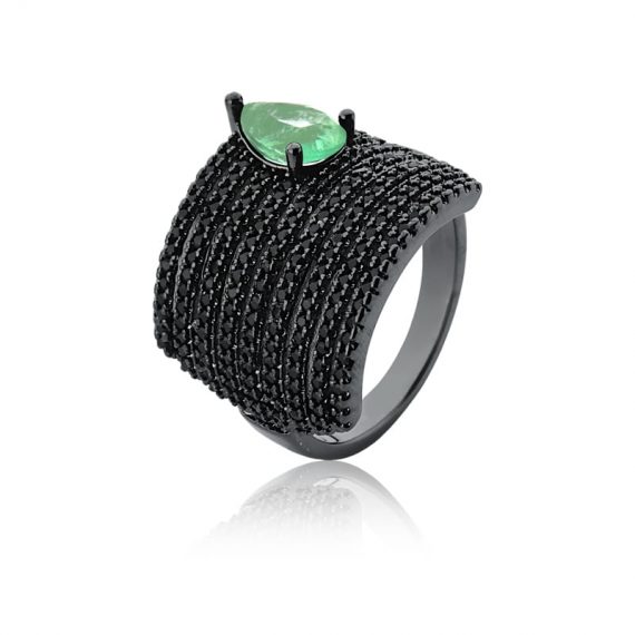 Anel Cravejado Black Gota Greenery Fusion em Ródio Negro