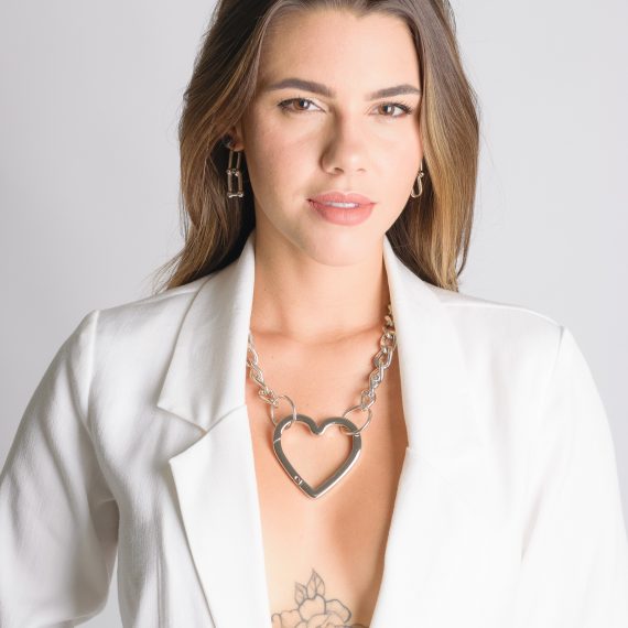 Colar Máxi Coração Elos Banhado em Ródio Branco