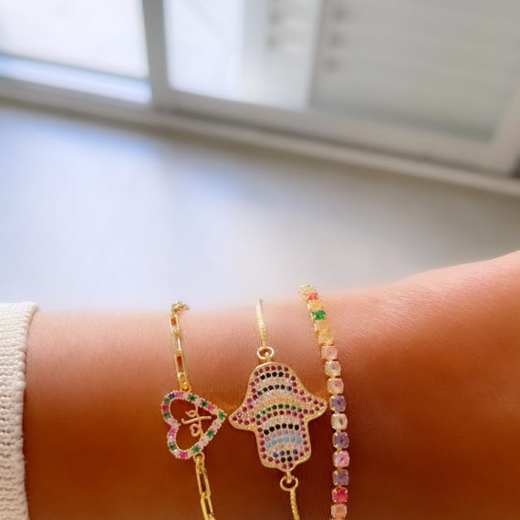 Pulseira Mão de Fatima Rainbow Banhado em Ouro