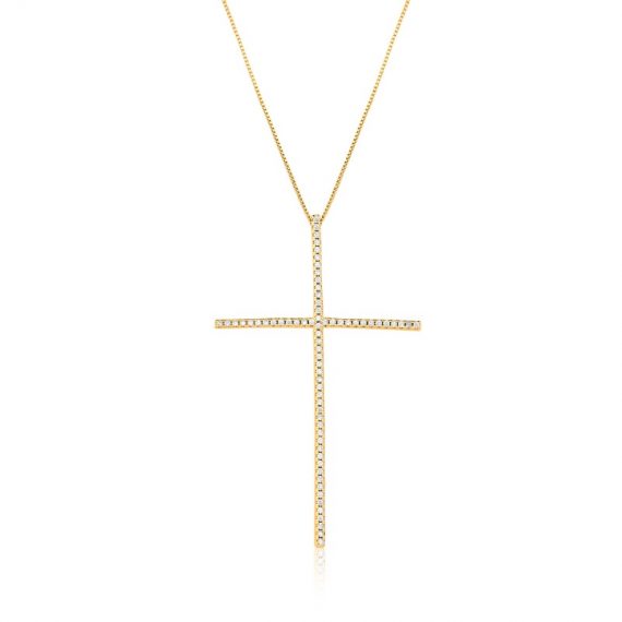 Colar Crucifixo Palito cravejado de zirconias brancas Banhado em Ouro