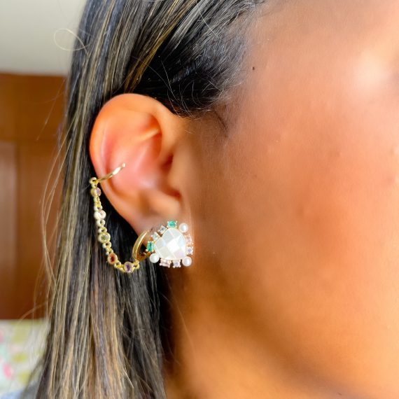 Brinco Argola Articulado Piercing Rainbow com Correntes Banhado em Ouro