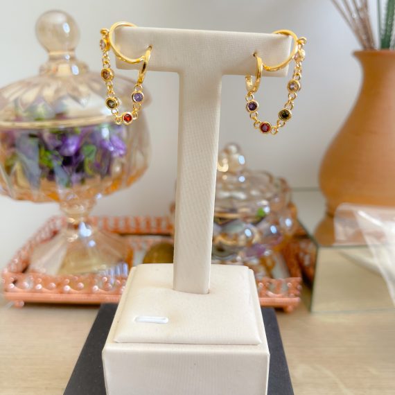 Brinco Argola Articulado Piercing Rainbow com Correntes Banhado em Ouro
