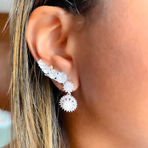 Brinco Earcuff Cristal 5 Pontas Banhado em Ródio Branco