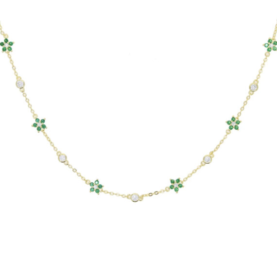 Colar Choker Florzinhas Esmeraldas Banhado em Ouro