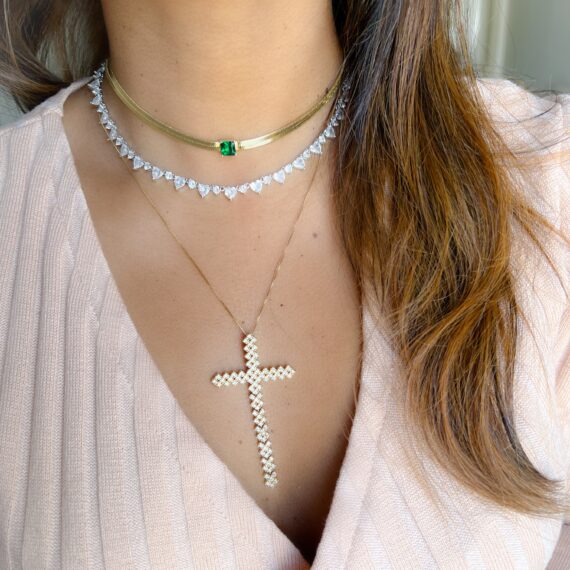 Colar Choker Riviera Cristal Corações Banhado em Rodio Branco