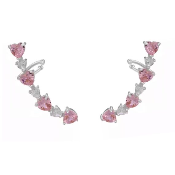 Piercing Earcuff Corações Light Pink Cristal Banhado em Ródio Branco