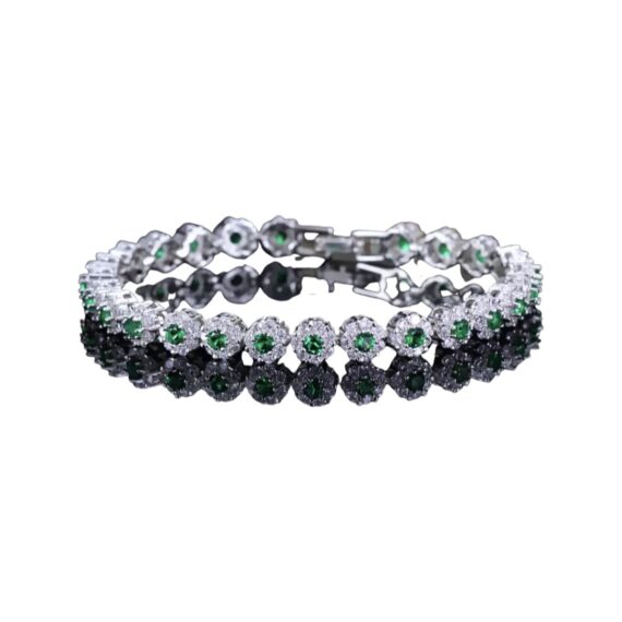 Pulseira Riviera Trabalhada Cravejada Esmeralda Banhado em Ródio Branco