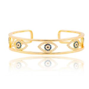 Bracelete Vazado Aberto Olho Grego Azul Escuro Banhado em Ouro