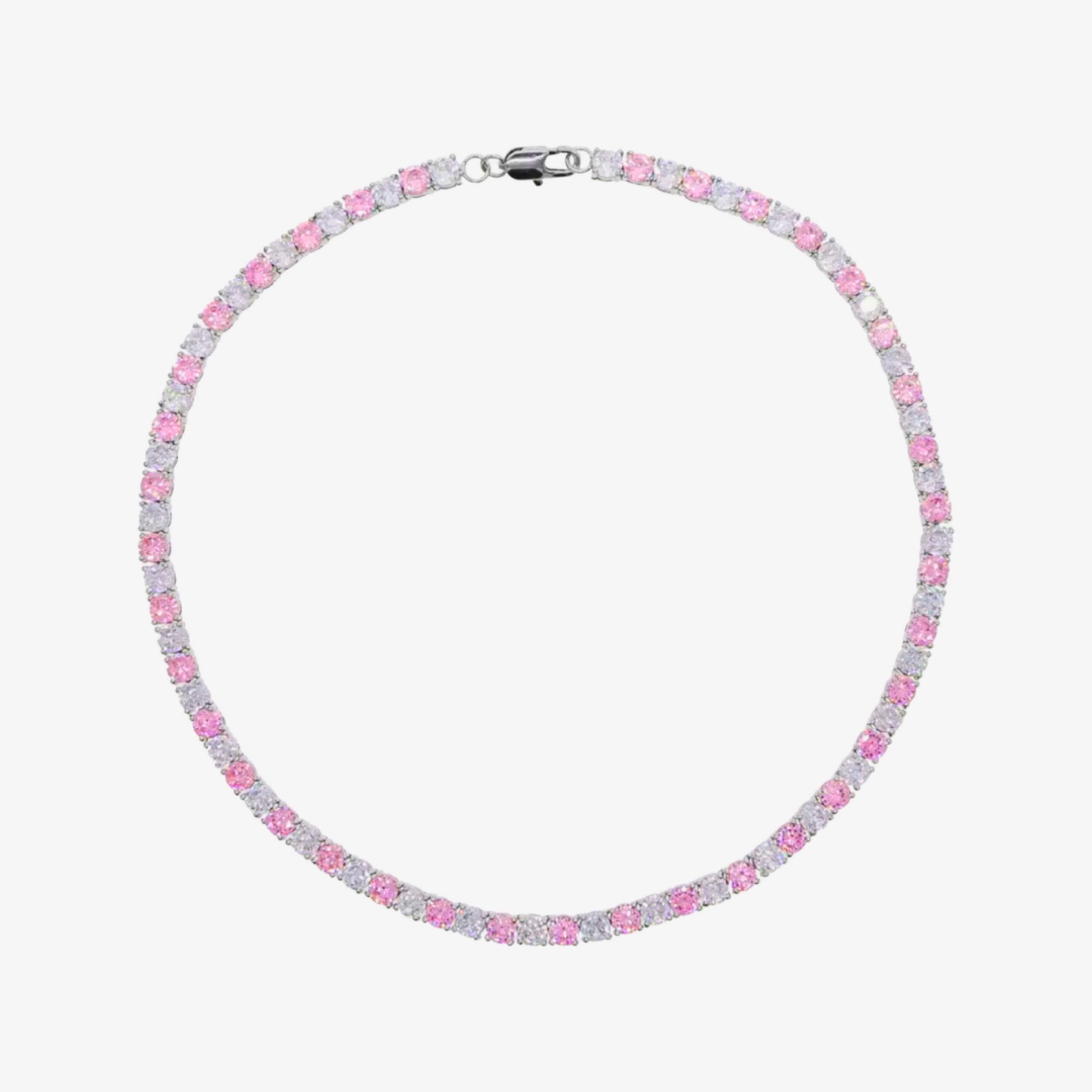 Colar Choker Riviera Light Pink e Cristal 4mm Banhado em Ródio Branco