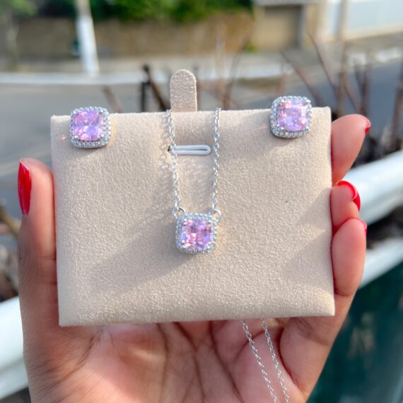 Conjunto Quadradinho Light Pink Cristal Em Prata 925