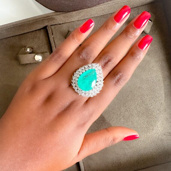 Anel Gota Esmeralda Colombiana Fusion Details Cravação Dupla Gotas Banhado em Ródio Branco