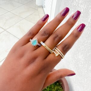 Anel Gota Turmalina Azul Leitosa e Ametista Banhado em Ouro