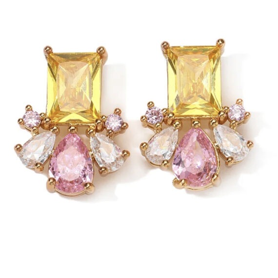 Brinco Quadradinho Detalhes Citrino e Light Pink Cristal Banhado em Ouro