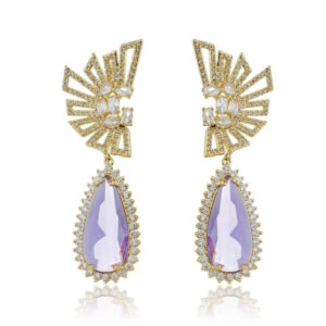 Brinco Gota Festa Grande Kunzita Lilás Cristal Cravejado Banhado em Ouro