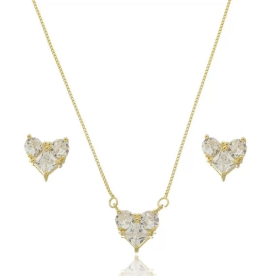 Conjunto Coração Shapes Cristal Coleção Arcos Banhado em Ouro
