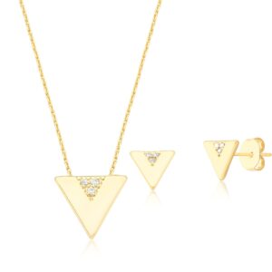 Conjunto Triângulo Liso Cravação em V Coleção Arcos Banhado em Ouro