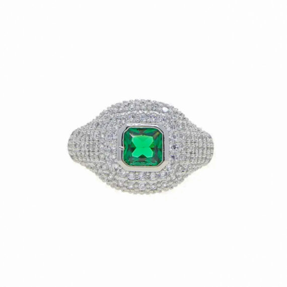 Anel Quadrado Compact Cravejado Esmeralda Cristal Coleção Arcos Banhado em Ródio Branco