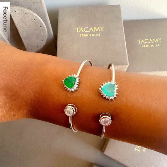 Bracelete Coração Esmeralda Colombiana Fusion e ponto de Luz Aberto em Ródio Branco
