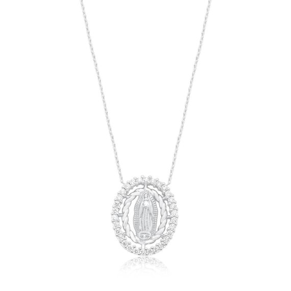Colar Mandala Nossa Senhora das Graças Vazado Cravejado em Ródio Branco