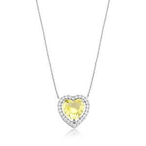 Colar Coração Citrino Cristal Cravejado Banhado em Ródio Branco