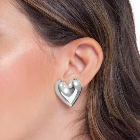 Brinco Organic Coração Liso Banhado em Ródio Branco