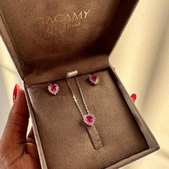 Conjunto Coração New Safira Rosa Cristal Banhado em Ródio Branco