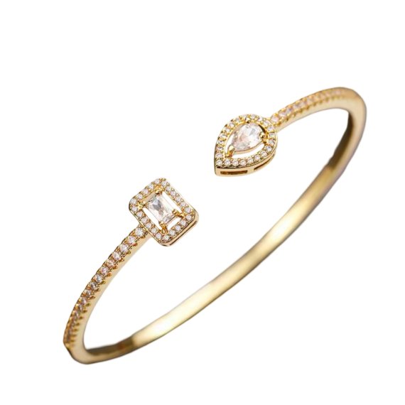 Bracelete Aberto Quadradinho e Gota Cristal Banhado em Ouro