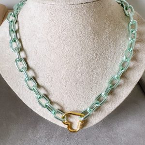 Colar Elos Verde Coração Dourado