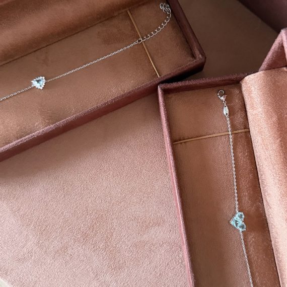 Pulseira Coração Square Acqua Marinha Cristal Banhado em Ródio Branco