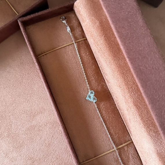 Pulseira Coração Square Acqua Marinha Cristal Banhado em Ródio Branco