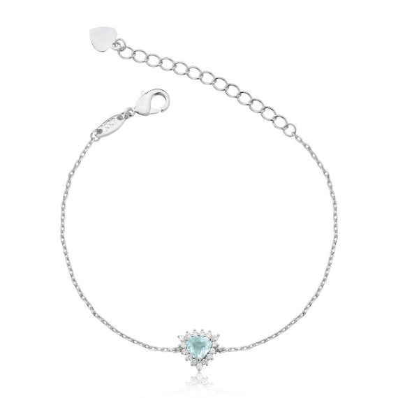 Pulseira Kate Coração Acqua Marinha Cristal Banhado em Ródio Branco