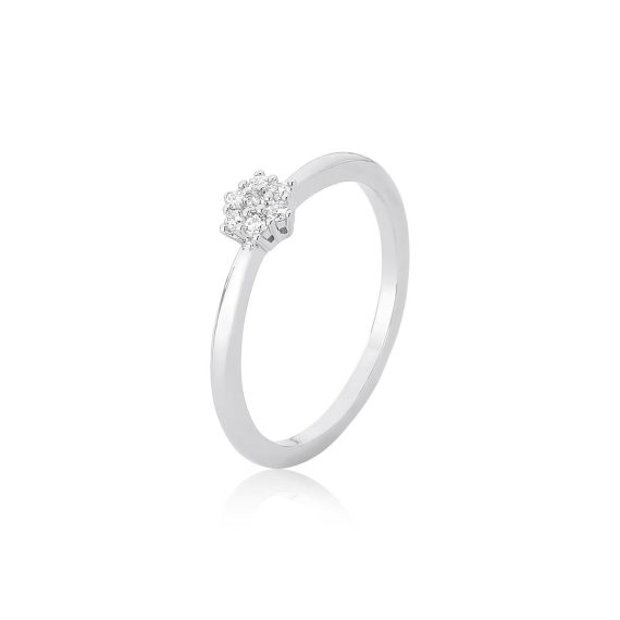 Anel Mini Solitário Flor  Cravejado Banhado em Ródio Branco