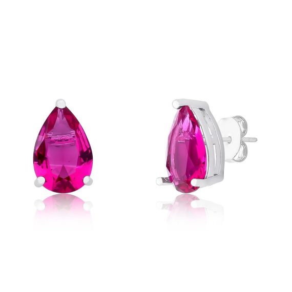 Brinco Gota Safira Rosa Cristal Banhado em Ródio Branco