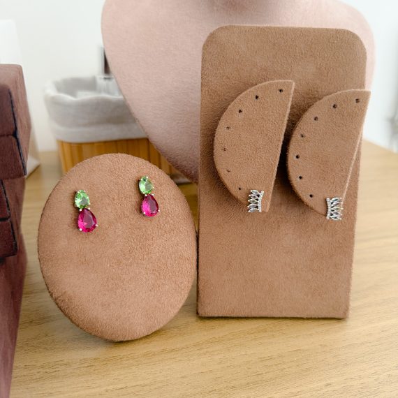 Brinco Gotas Turmalina Menta e Safira Rosa Cristal Banhado em Ródio Branco