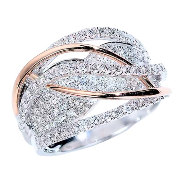 Anel Fileiras Cravejado com Fileira Lisa em Rosê Banhado em Ródio Branco