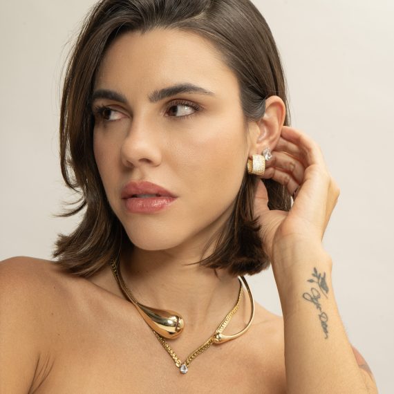 Colar Choker Aberto Liso Gotas Banhado em Ouro