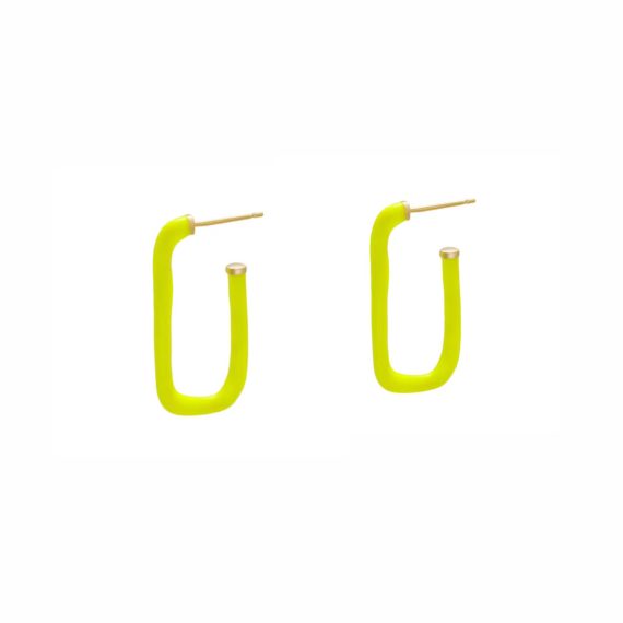 Argola Retangular Amarelo Neon em Ródio Branco