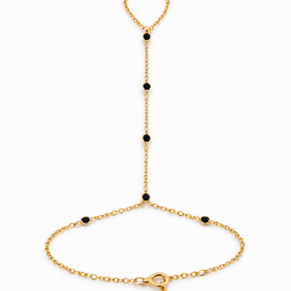 Pulseira Pontos Ônix Hand Chain Banhado em Ouro