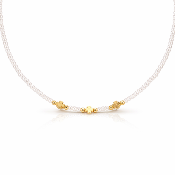Colar Choker Pérolinhas e Trevos Lisas Banhado em Ouro